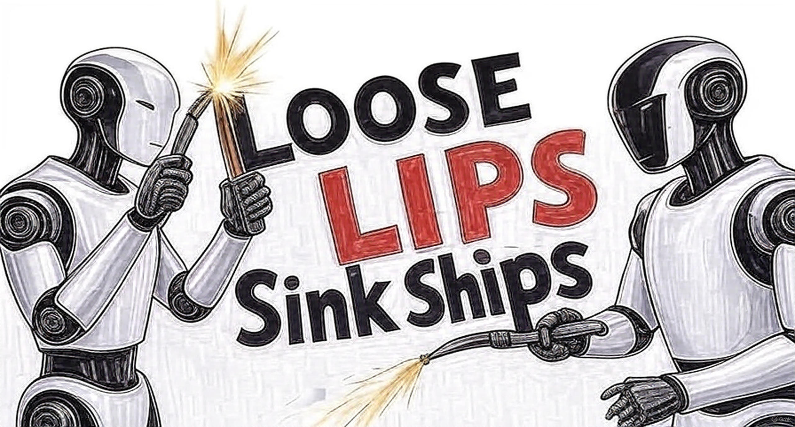 Tesla robots depicted in a vintage "Loose Lips Sink Ships" poster style, with one robot welding and the other holding a document, symbolizing the risks of sharing sensitive information.
