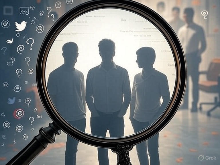 "Illustration of three silhouetted figures under a magnifying glass with social media icons and question marks, symbolizing confirmation bias and celebrity death myths."
