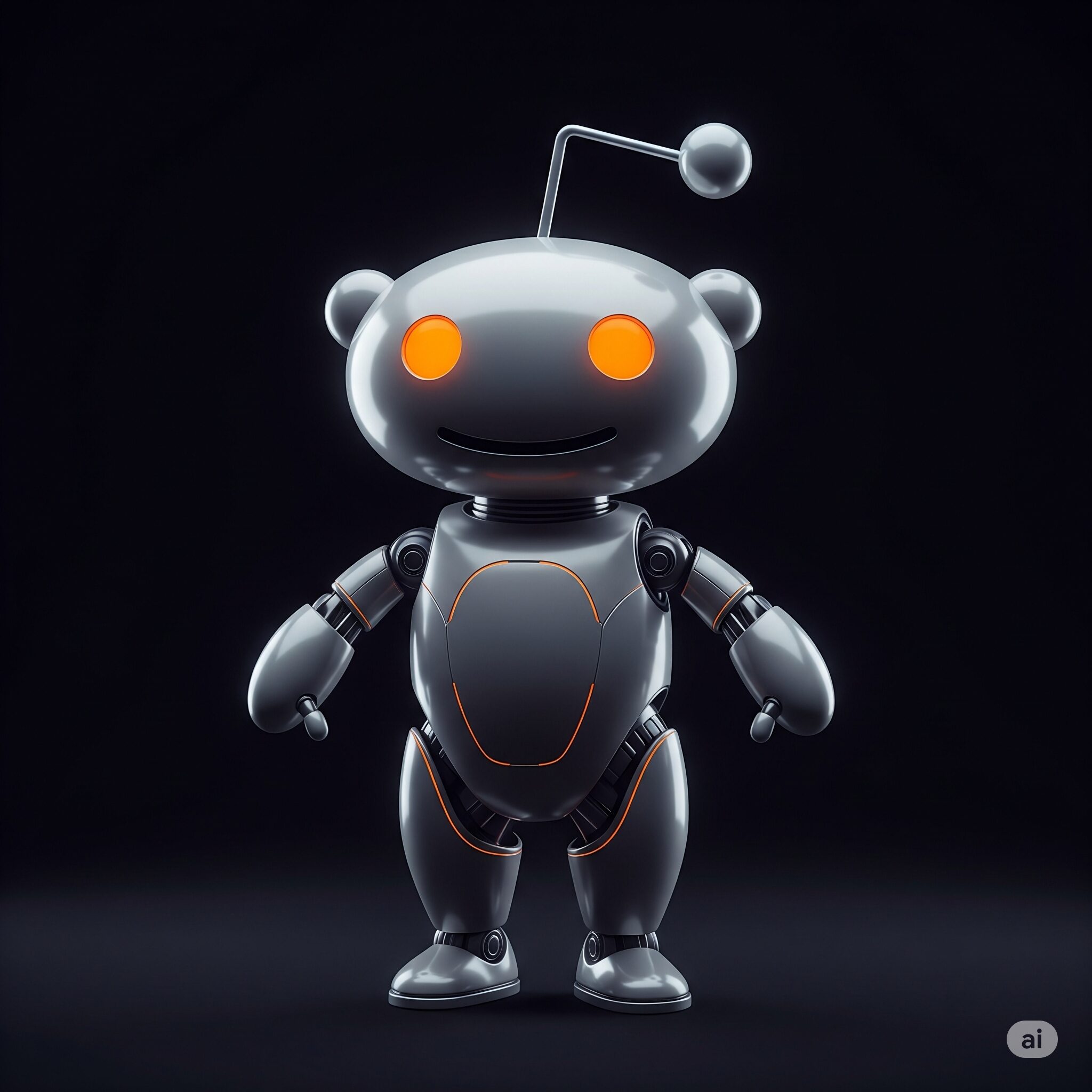 Reddit AI robot logo, silver metallic, glowing orange eyes, futuristic, technology, artificial intelligence