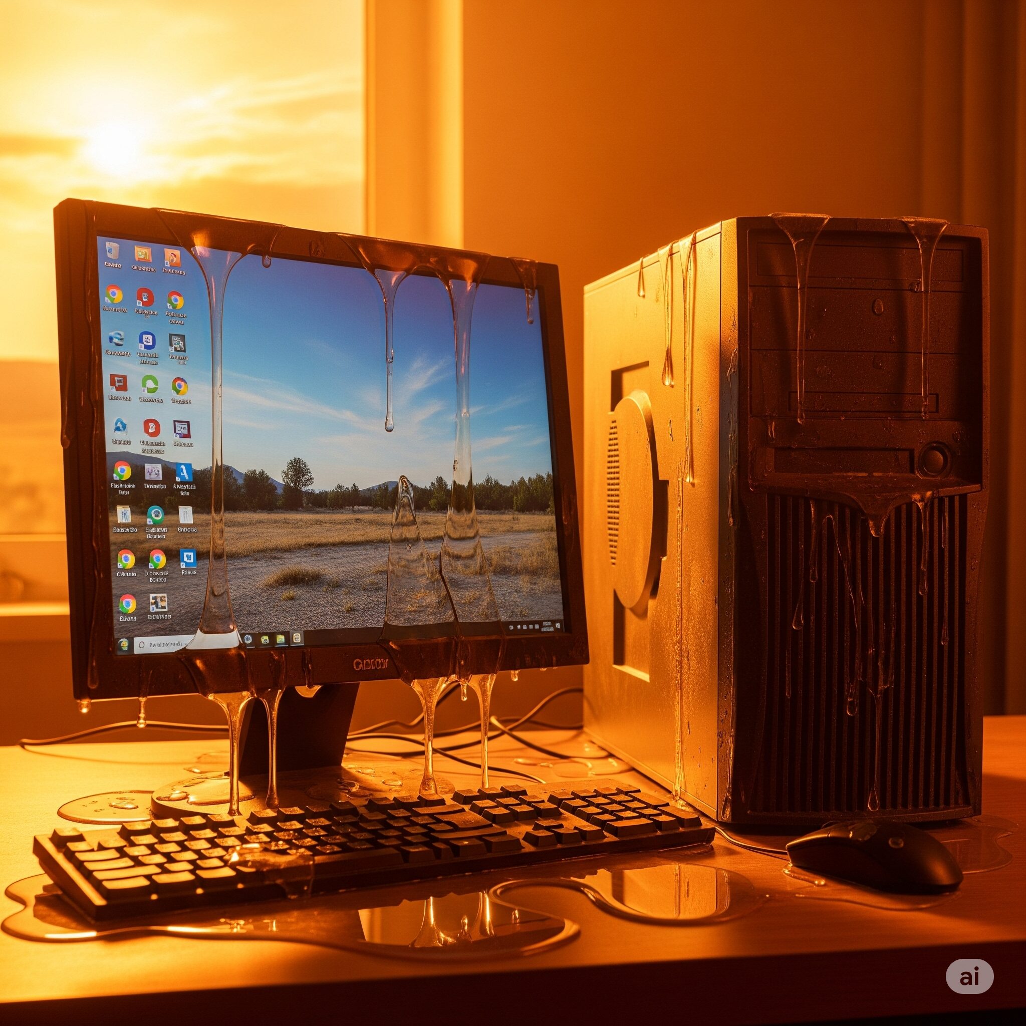 A desktop computer, including the monitor, tower, keyboard, and mouse, appears to be melting from extreme heat, with clear, viscous liquid dripping off all components onto the wooden desk. The background shows a window with a bright, warm, orange-yellow sky suggesting a severe heatwave.