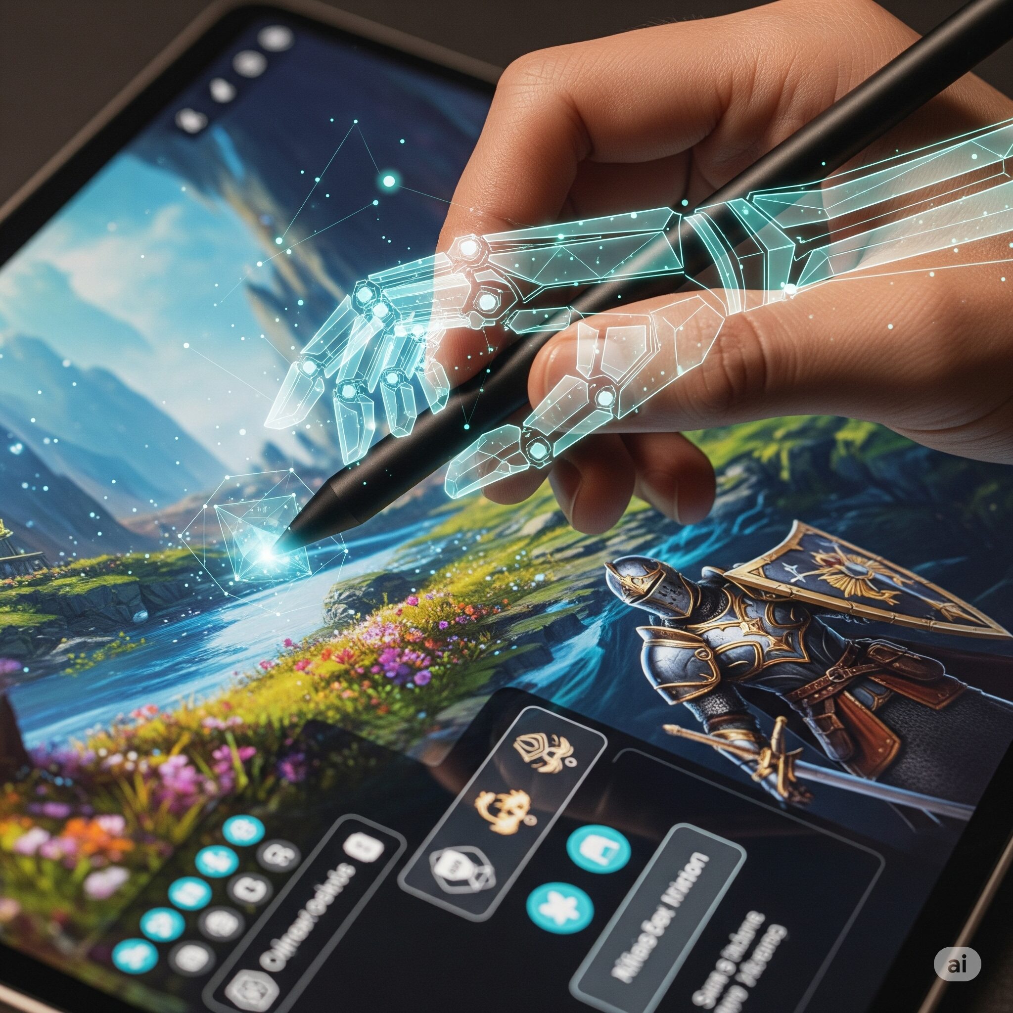 Human hand using stylus on digital tablet, guided by a glowing AI hand, creating a vibrant game world with fantastical landscapes and character models.