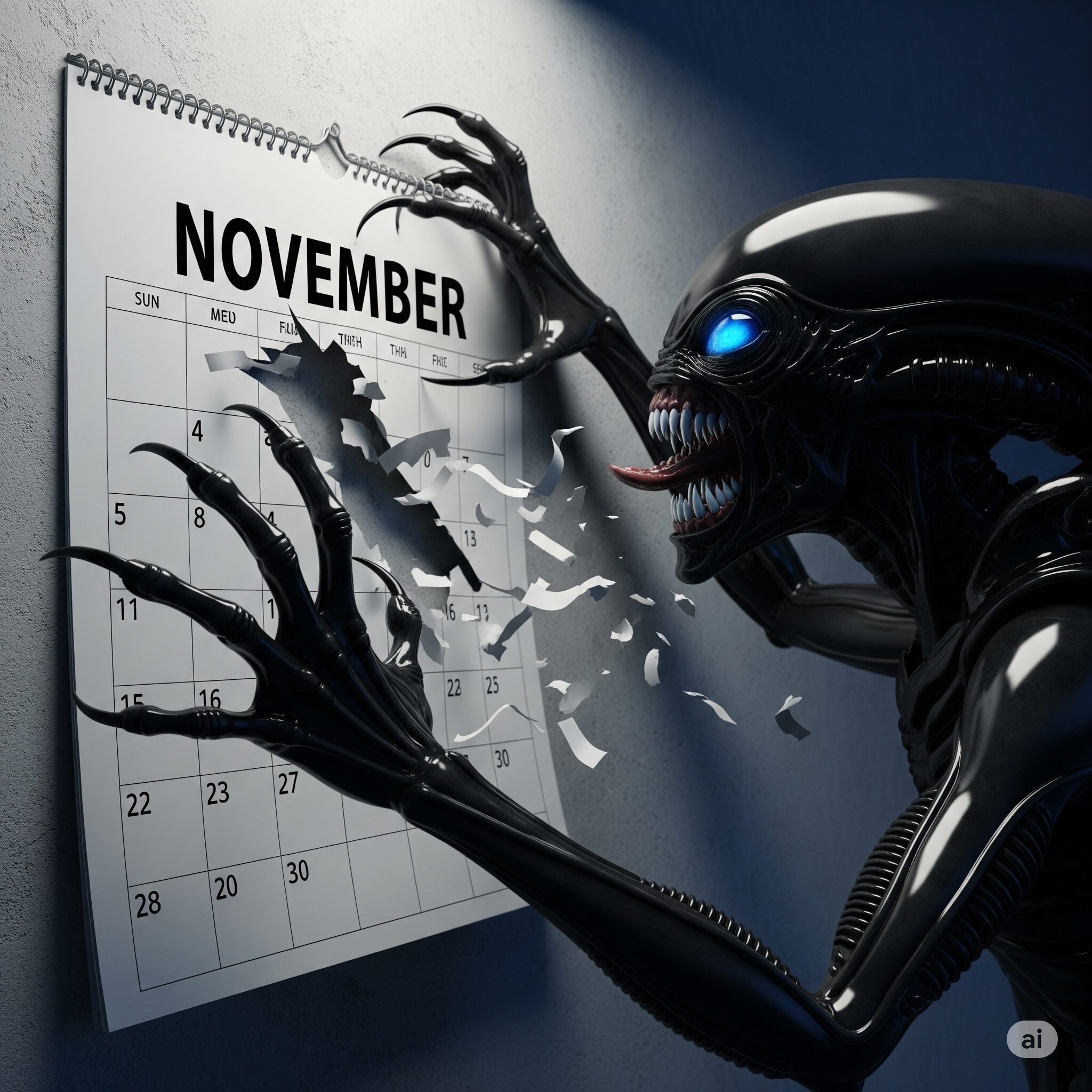 Alien creature with glowing eyes tearing up a wall calendar displaying "November"