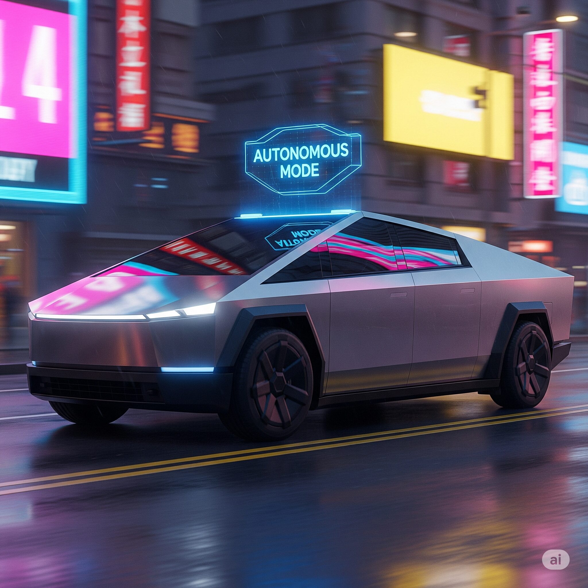 A futuristic Tesla Cybercab robotaxi drives down a neon-lit city street at dusk, with a glowing blue holographic display reading “Autonomous Mode” above its roof. Pedestrians observe from the sidewalk, and a digital billboard in the background features Elon Musk’s silhouette with the text “The Future of Mobility.