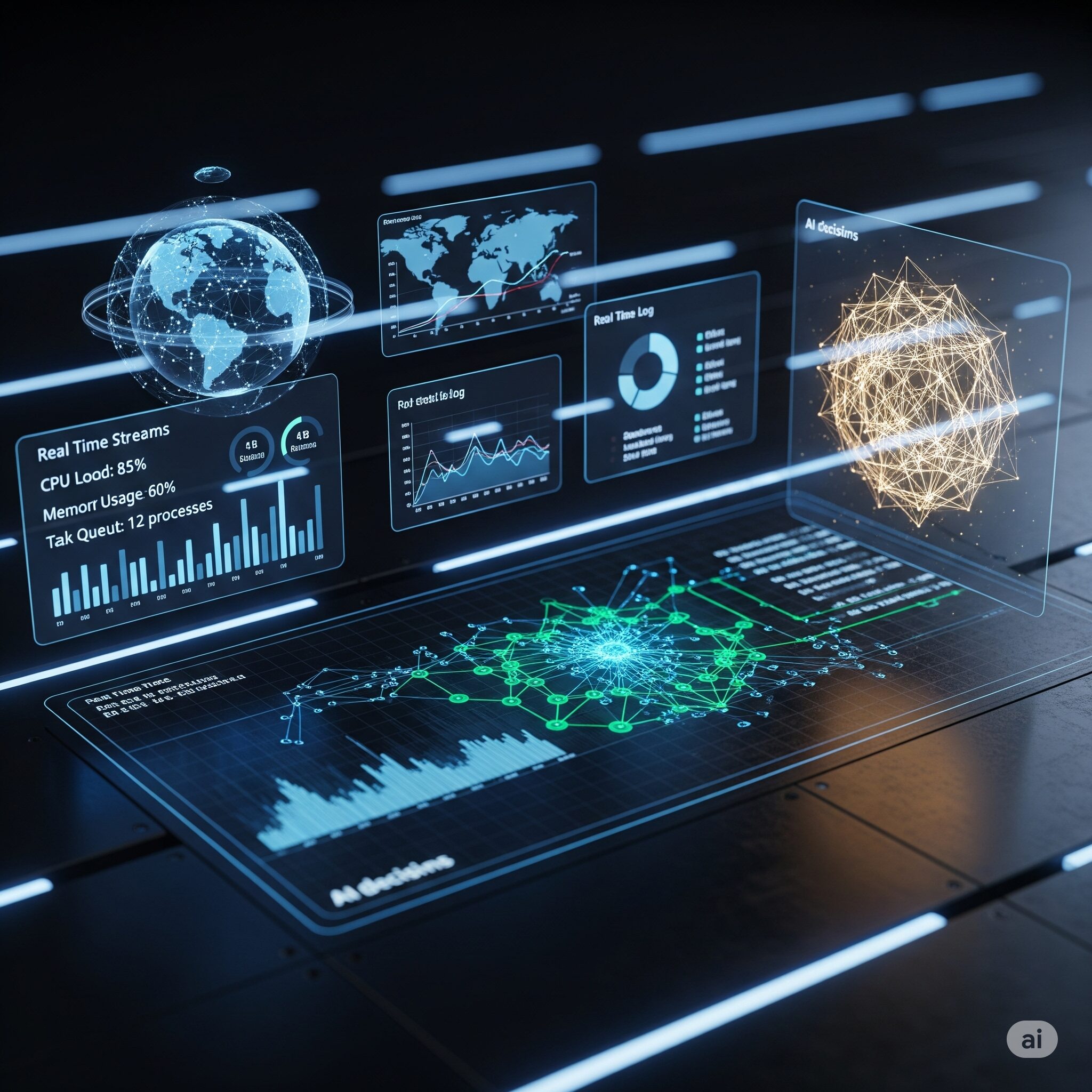 A futuristic AI interface or dashboard with glowing holographic elements, featuring a neural network graph, data streams, a global network representation, and a 3D algorithm model, symbolizing advanced AI innovation and an engineering-driven future.