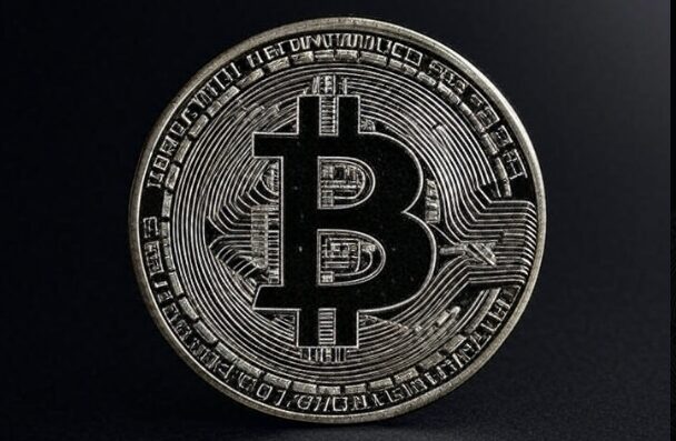 "Physical Bitcoin coin with intricate circuit design on a black background"