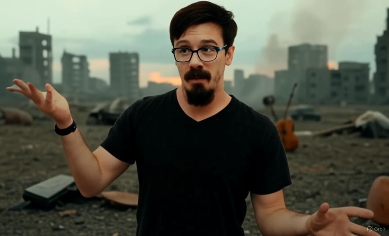 A man with a beard and glasses wearing a black t-shirt stands with arms outstretched in a post-apocalyptic landscape featuring ruined buildings, scattered debris, and broken musical instruments like guitars, with a smoky, gray sky in the background.