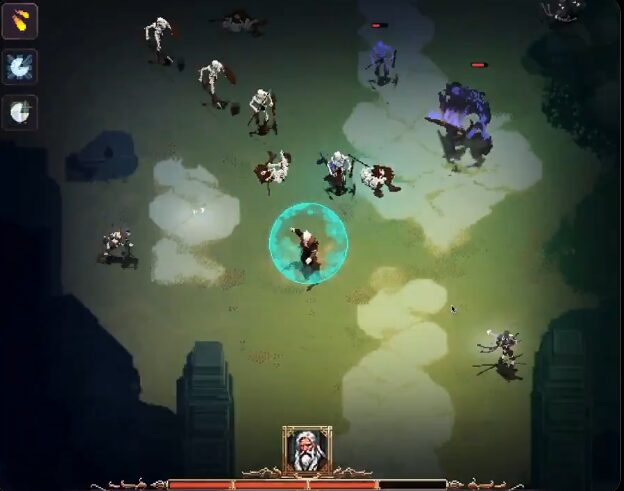 A top-down view of an action RPG video game showing a central character surrounded by various enemies in a green and dark environment, with UI elements visible.