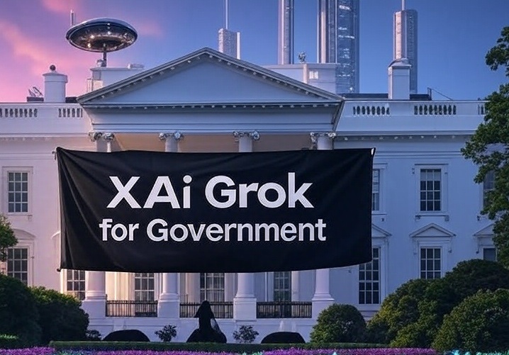 White House with a black "xAi Grok for Government" banner hanging from the front, surrounded by futuristic Washington DC skyline with tall skyscrapers and a flying saucer, lush green plants in the foreground.