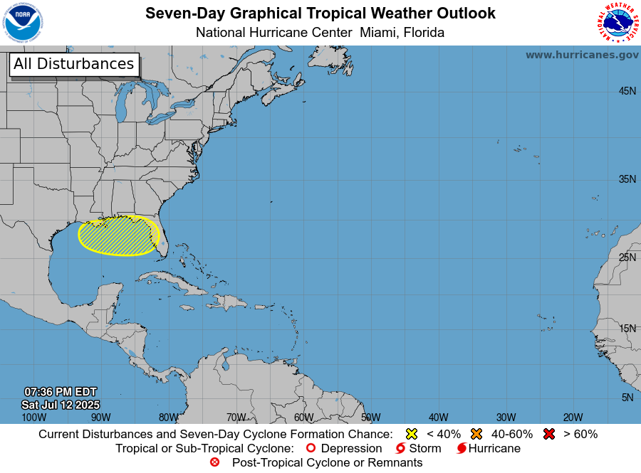 Atlantic Tropical Weather Outlook map showing a low chance (yellow hatched area) of tropical cyclone formation over Florida and the northeastern Gulf of Mexico in the next seven days, as of July 12, 2025.