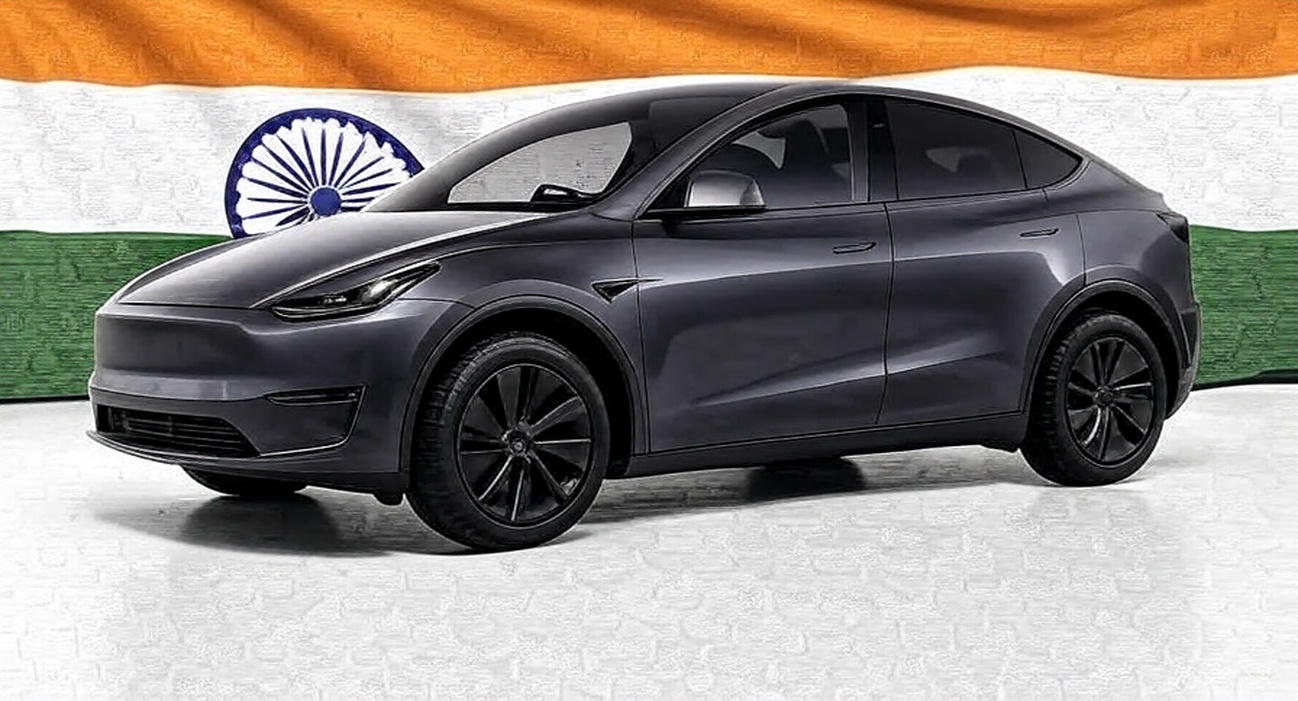 Tesla Model Y electric SUV in dark grey, sleek design, imported for India launch 2025